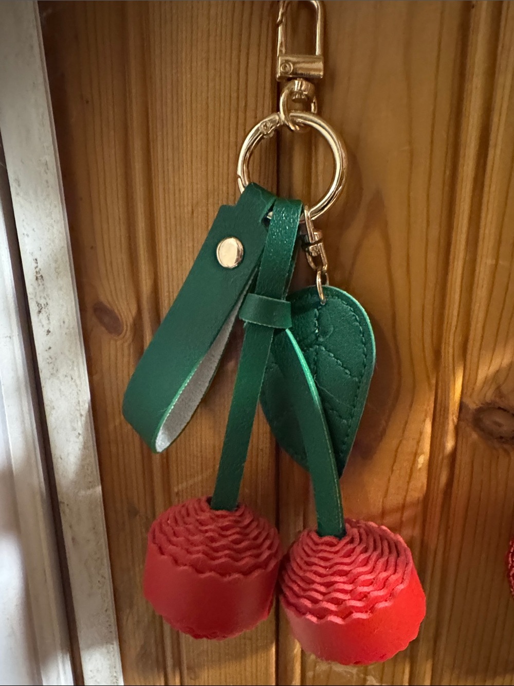Green and Red Leather Cherry Keychain - Women Accessories